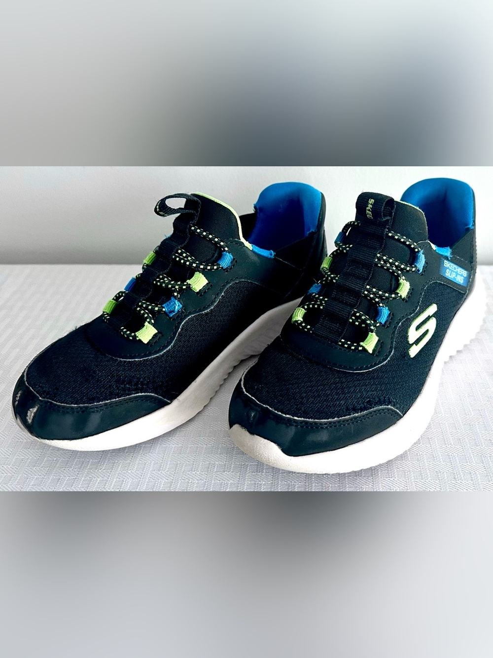 Skechers Kids Size 13 Slip-Ins Hands Free Sneakers Navy Blue Green Athletic Shoe